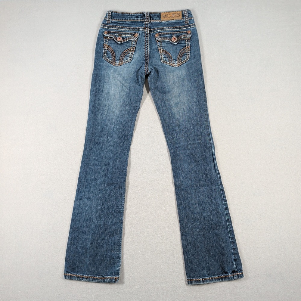 Miss Chic Jeans Womens 3 Blue Denim Low Rise Bootcut Embellished Flap Pocket - Picture 13 of 16